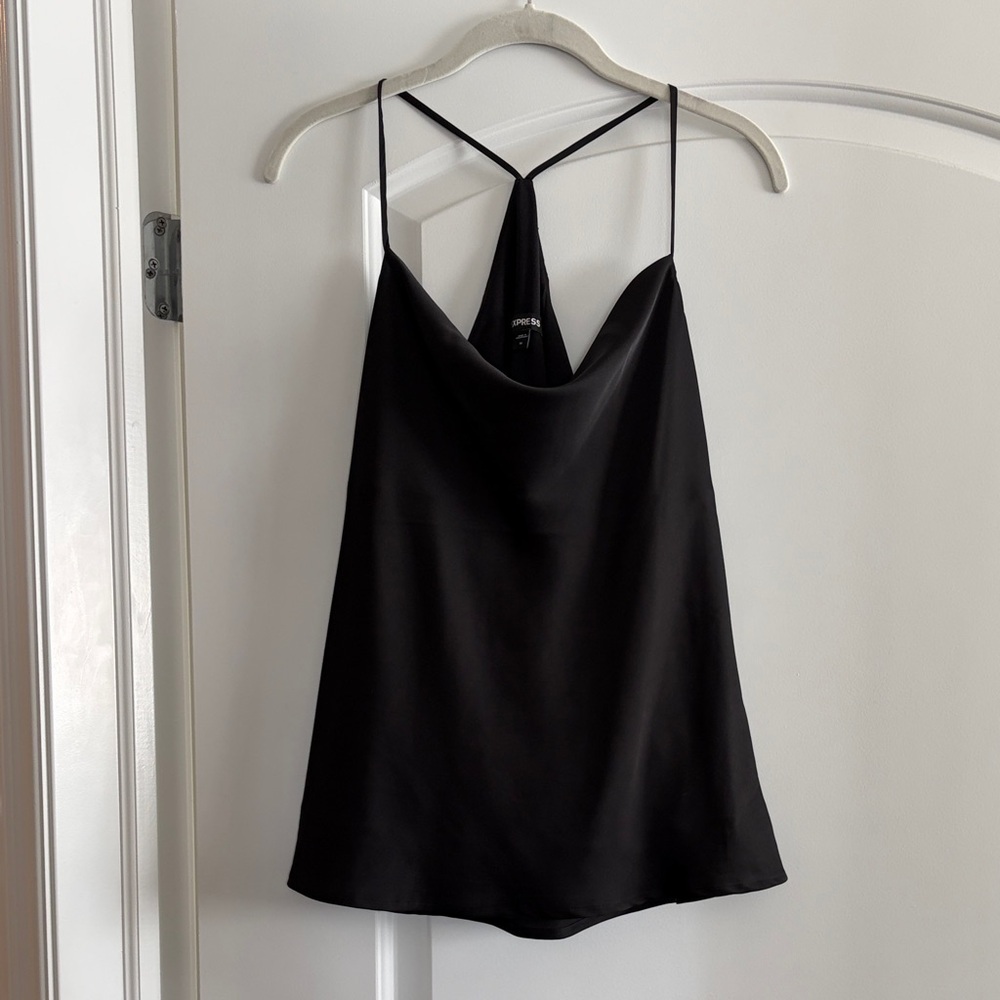 Express Satin Cowl Neck Tank Top - Black